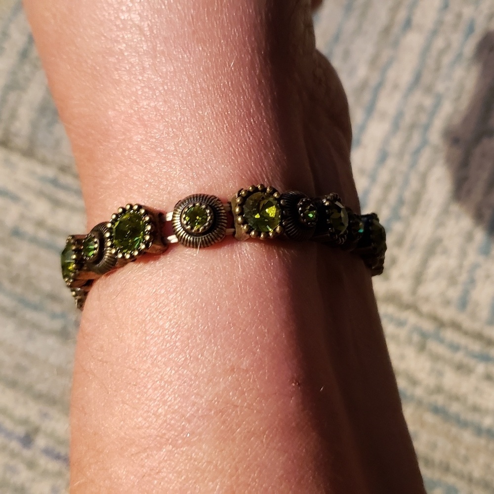 Vintage 2000's "Cookie Lee" Dark Bronze & Green Stones Costume Stretch bracelet